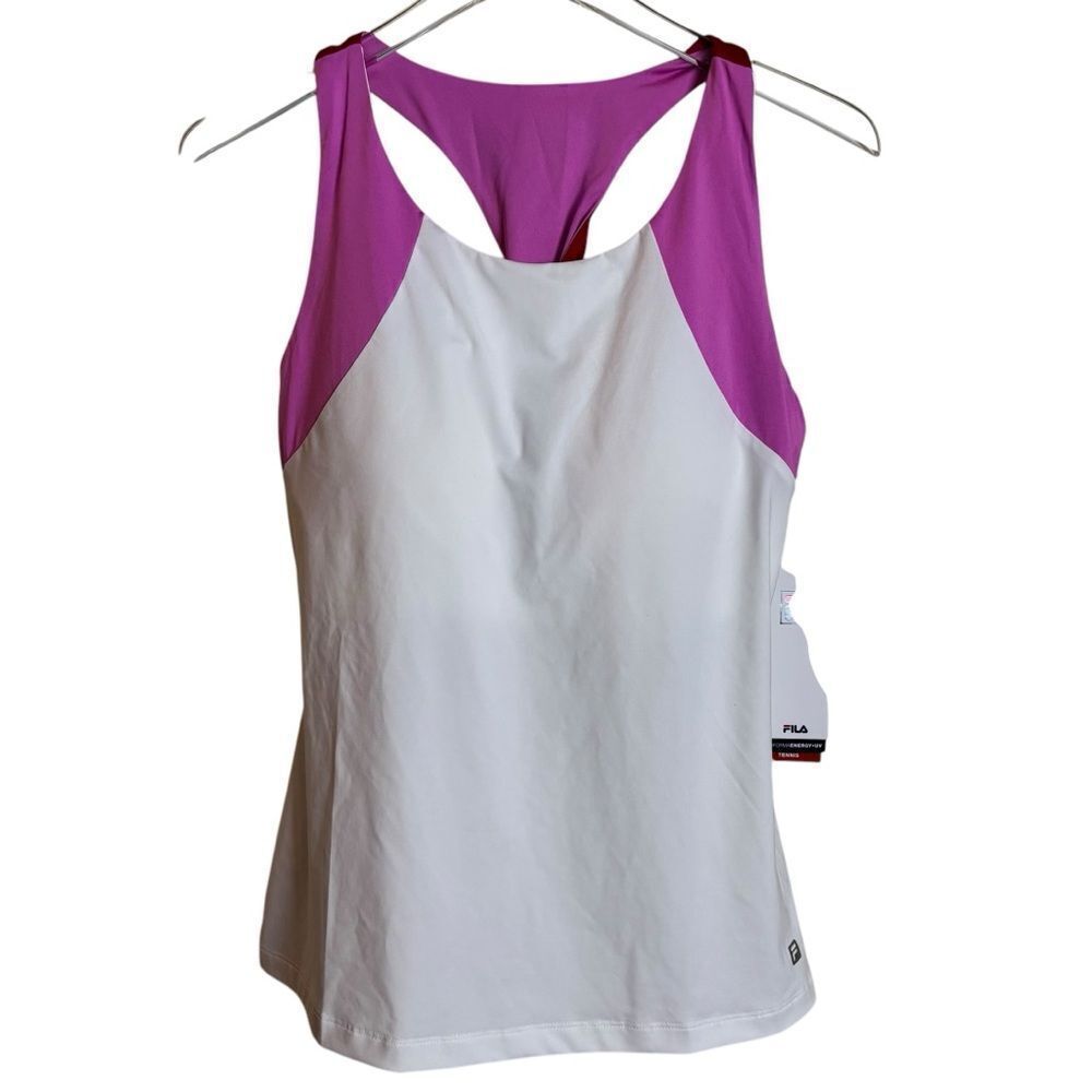 NEW Fila 30 Love Twist Back Athletic Tank Top Size Large White Red Pink UPF 50